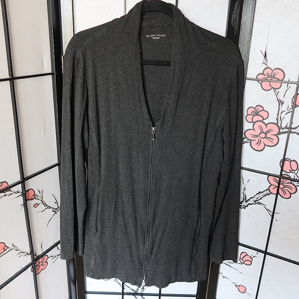 Eileen Fisher Long Gray Zip-Up Cardigan Size Large